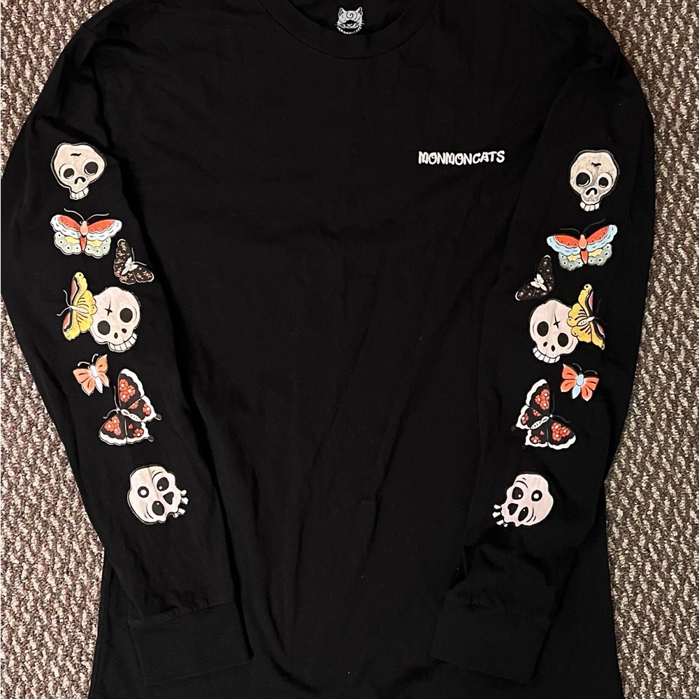 Black Long Sleeve Shirt with Skull and Butterfly Design